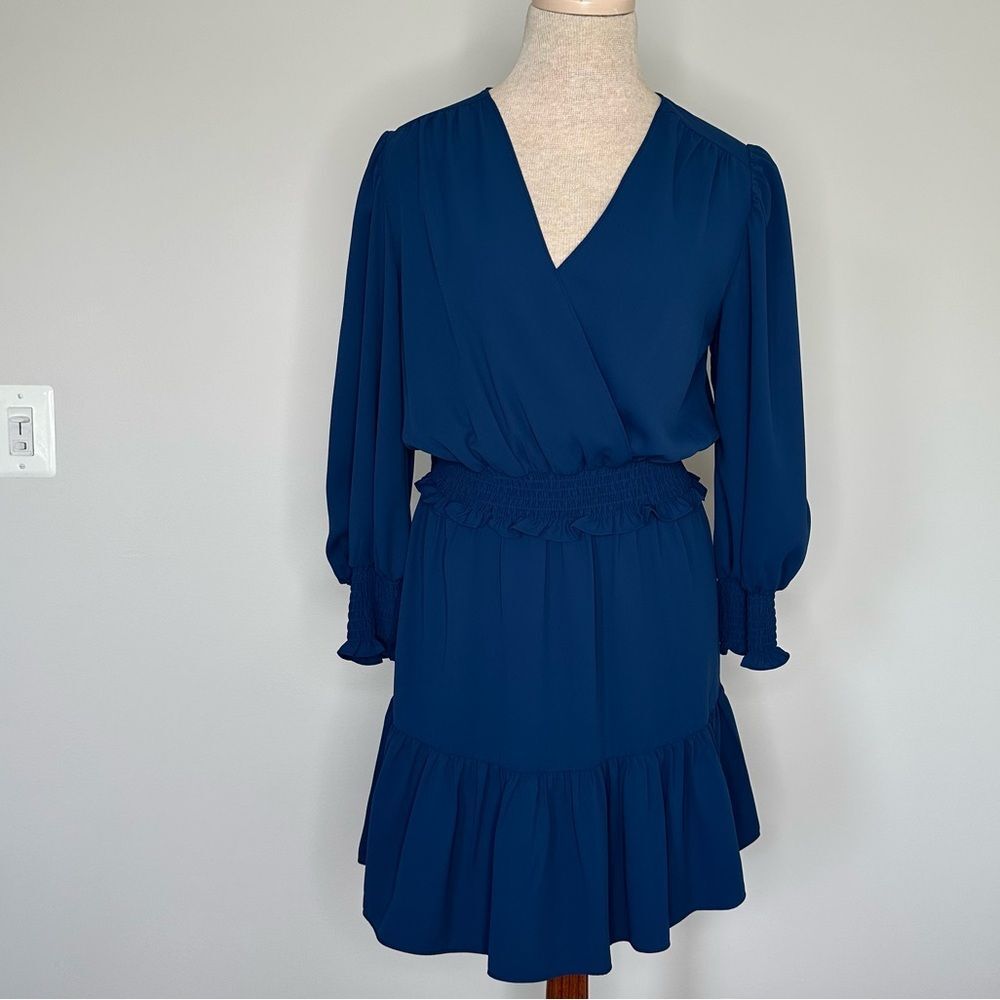 Amanda Uprichard Women's Blue Smocked Waist and Wrist Surplice Neckline Dress S